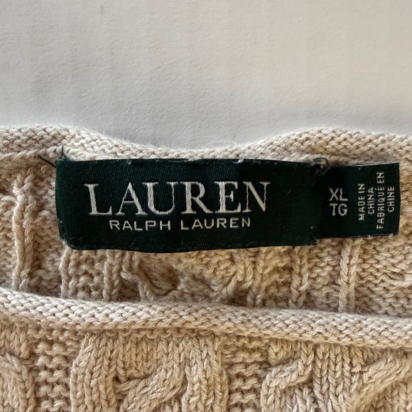 Lauren Ralph Lauren Tan Beige Cable Knit Cotton Boat Neck Sweater Womens L/XL - Picture 3 of 7